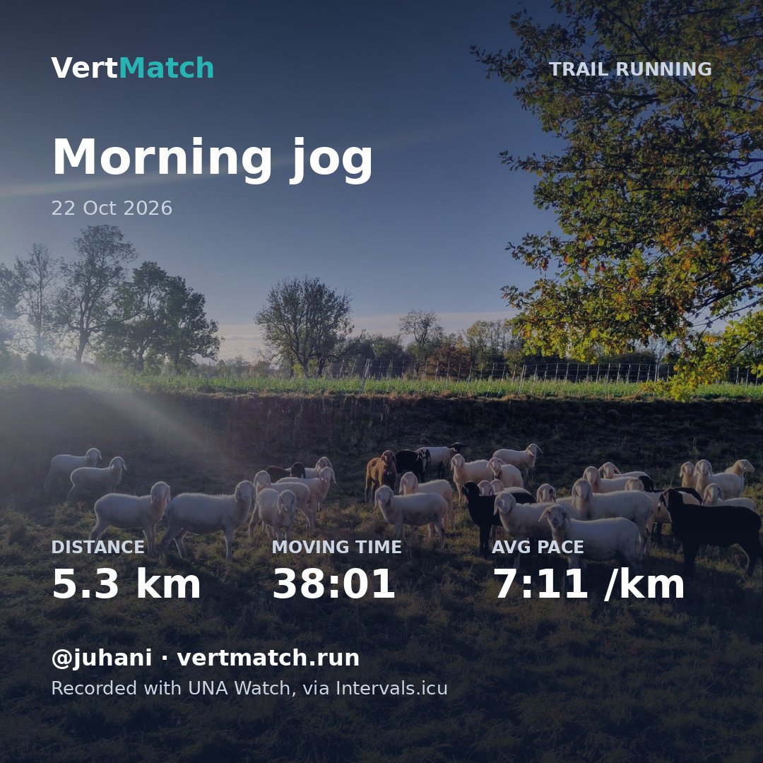 Trail running, Morning jog: 5.3 km, 38:01, 7:11 /km. Recorded with UNA Watch, via Intervals.icu.